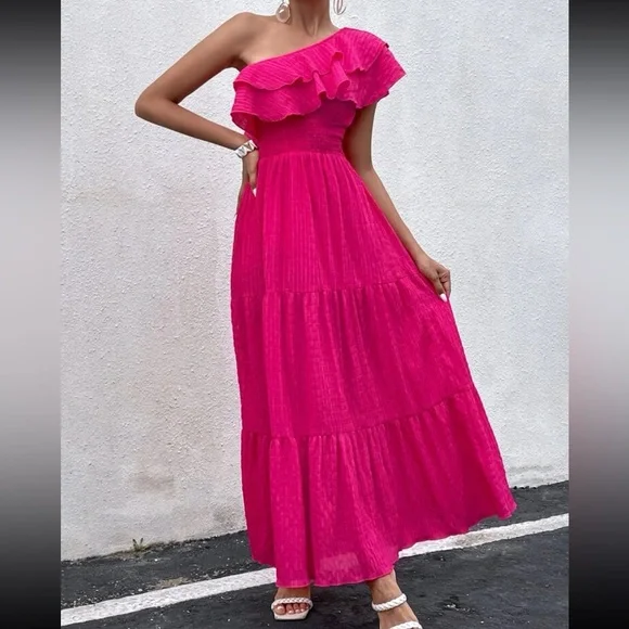 knee length dresses for ladies One-Shoulder Ruffle Hem Maxi Dress main image 0
